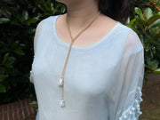 Gold Bead Lariat Necklace with Baroque Pearl Ends