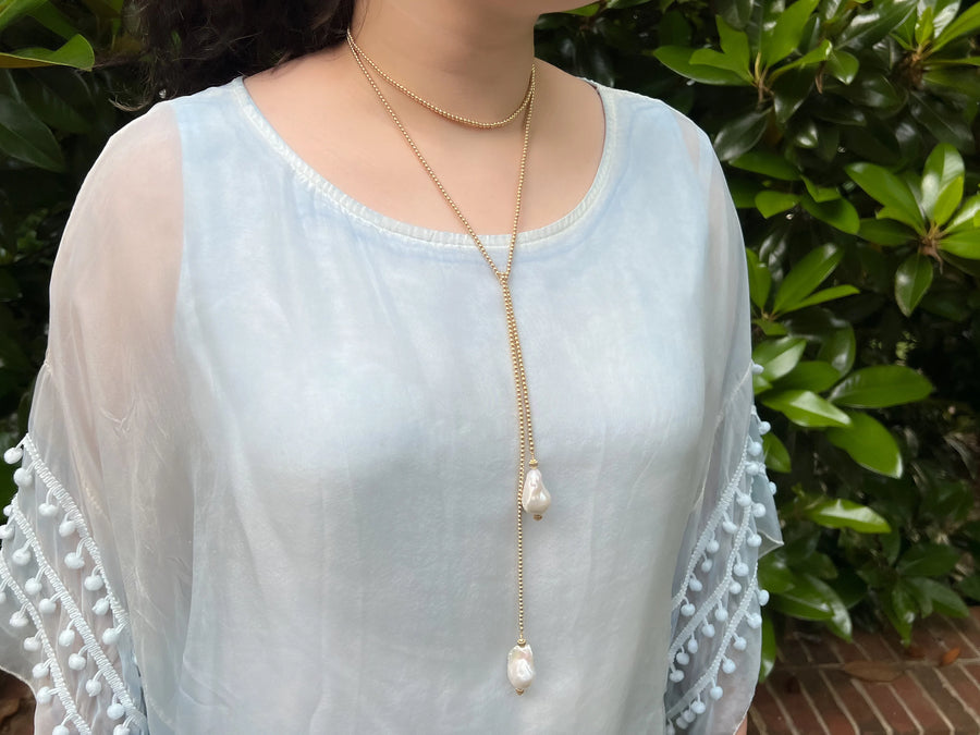 Gold Bead Lariat Necklace with Baroque Pearl Ends