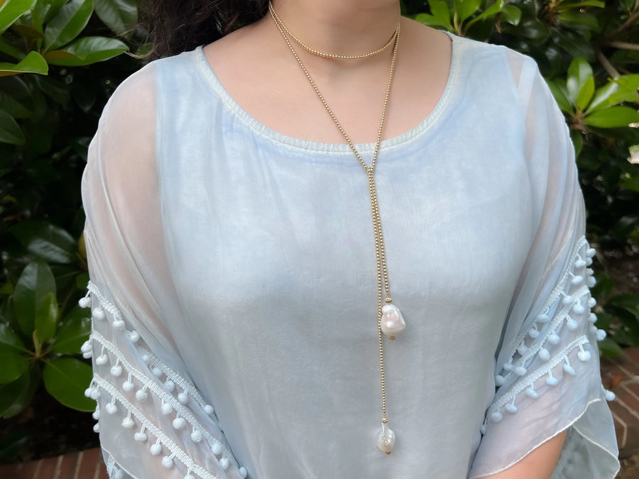 Gold Bead Lariat Necklace with Baroque Pearl Ends