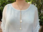 Gold Bead Lariat Necklace with Baroque Pearl Ends