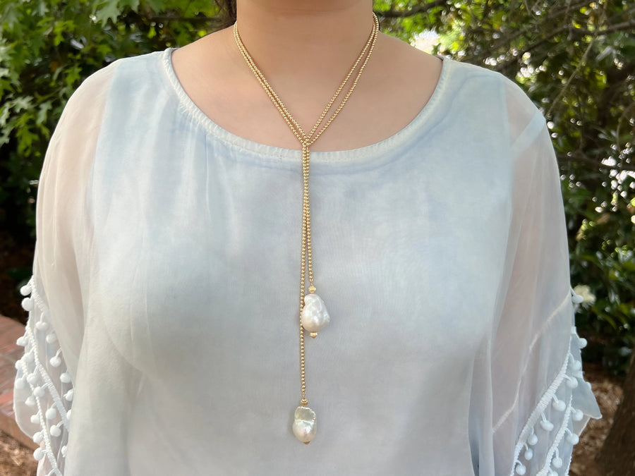 Gold Bead Lariat Necklace with Baroque Pearl Ends