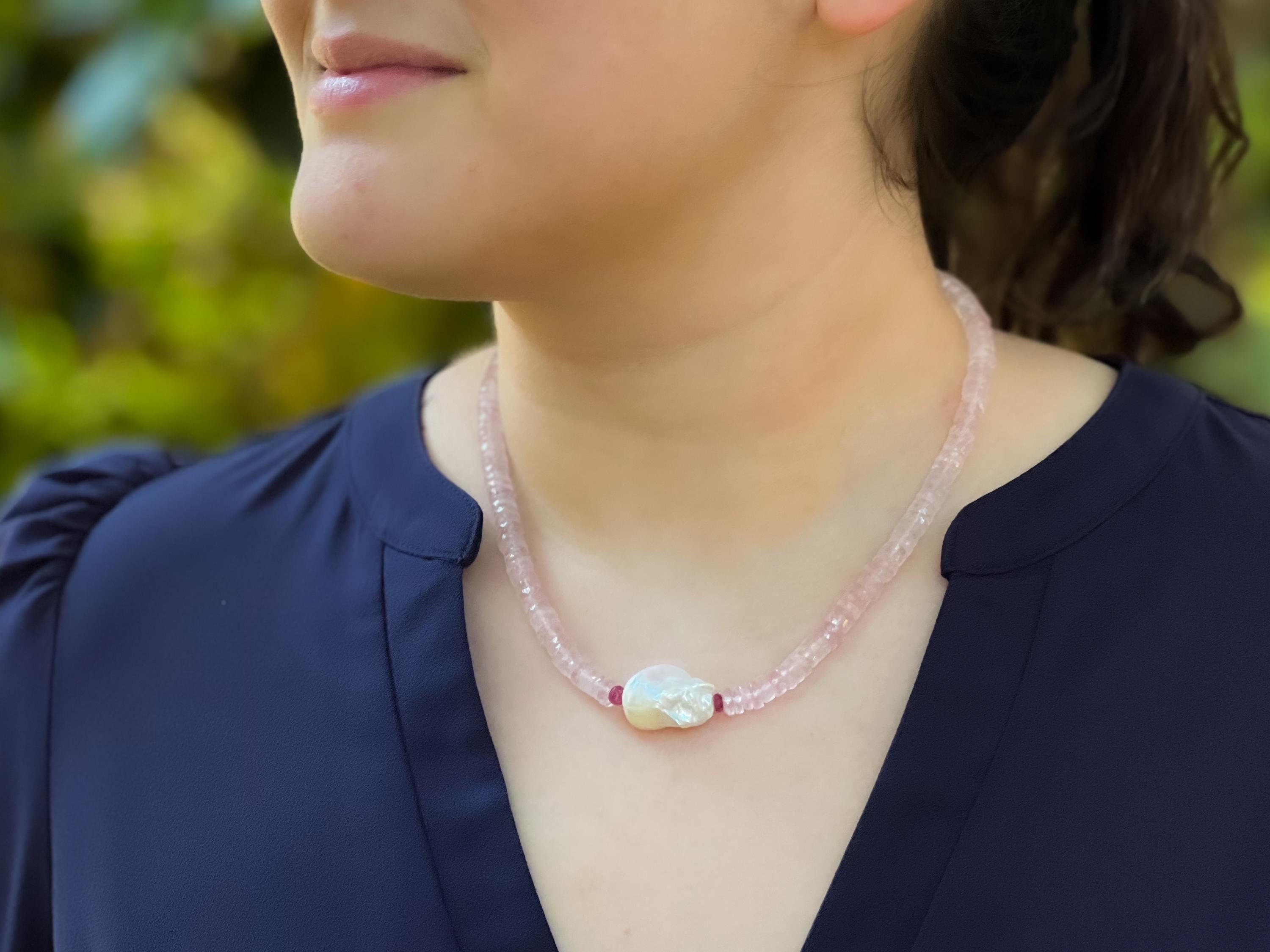Rose Quartz Heishi Necklace with Freshwater Baroque Pearl Accent