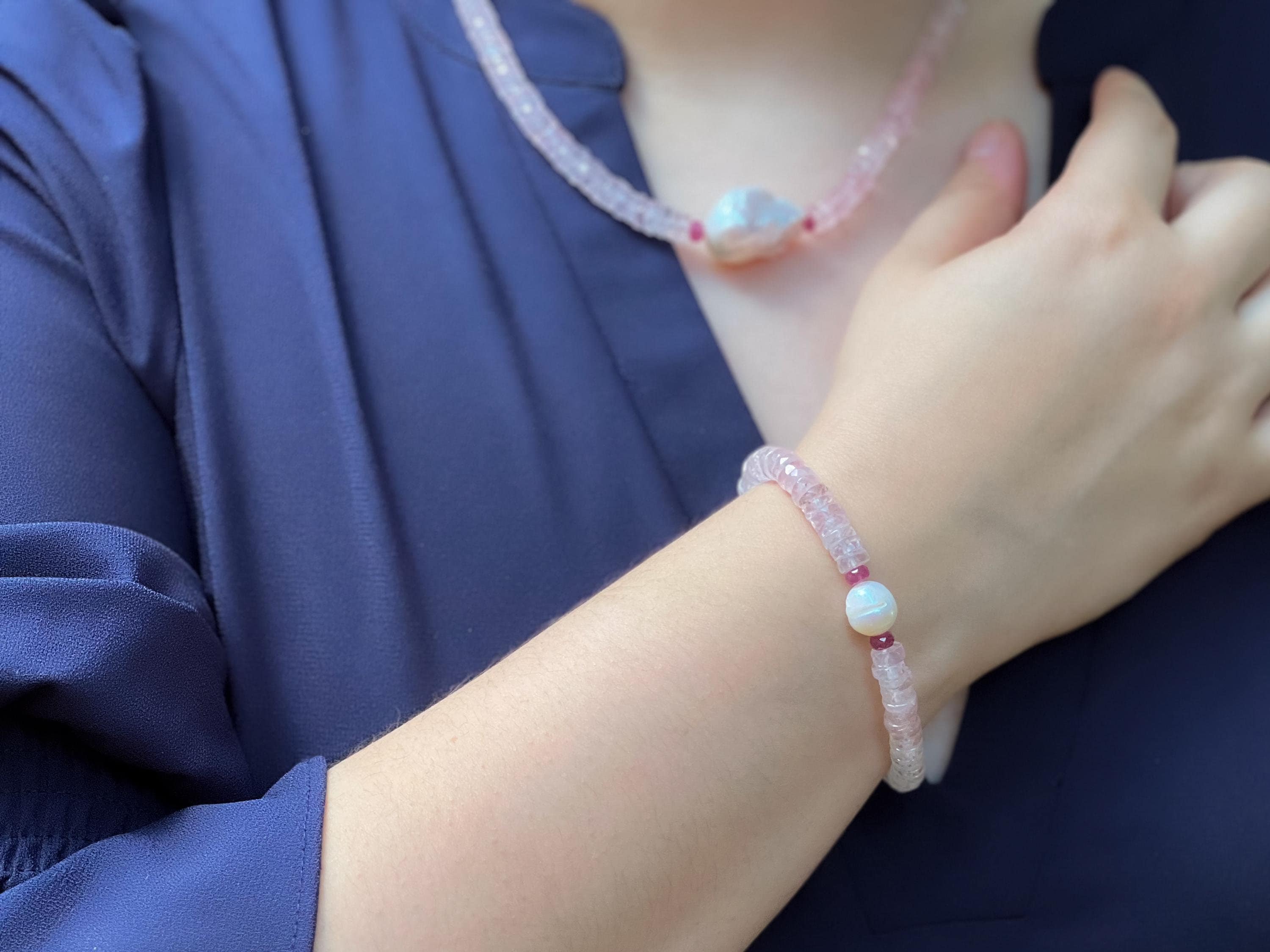 Rose Quartz Heishi Bracelet with Rice Pearl Accent