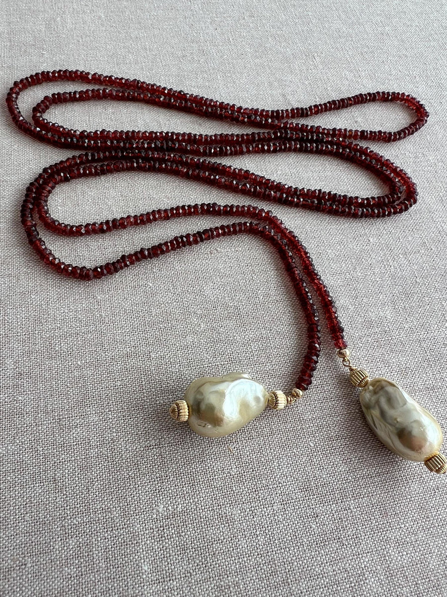 Garnet Lariat Necklace with Gold Baroque Pearl Ends, Gemstone Lariat Necklace, January Birthstone, Boho, Versatile Necklace, Gift for Her