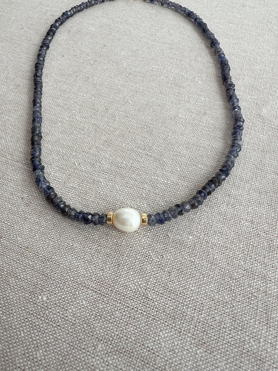 Iolite Necklace with Rice Pearl Accent, Gemstone Necklace, Gift for Her, Boho Necklace, Freshwater Rice Pearl, Mom Gift, Handmade to Order