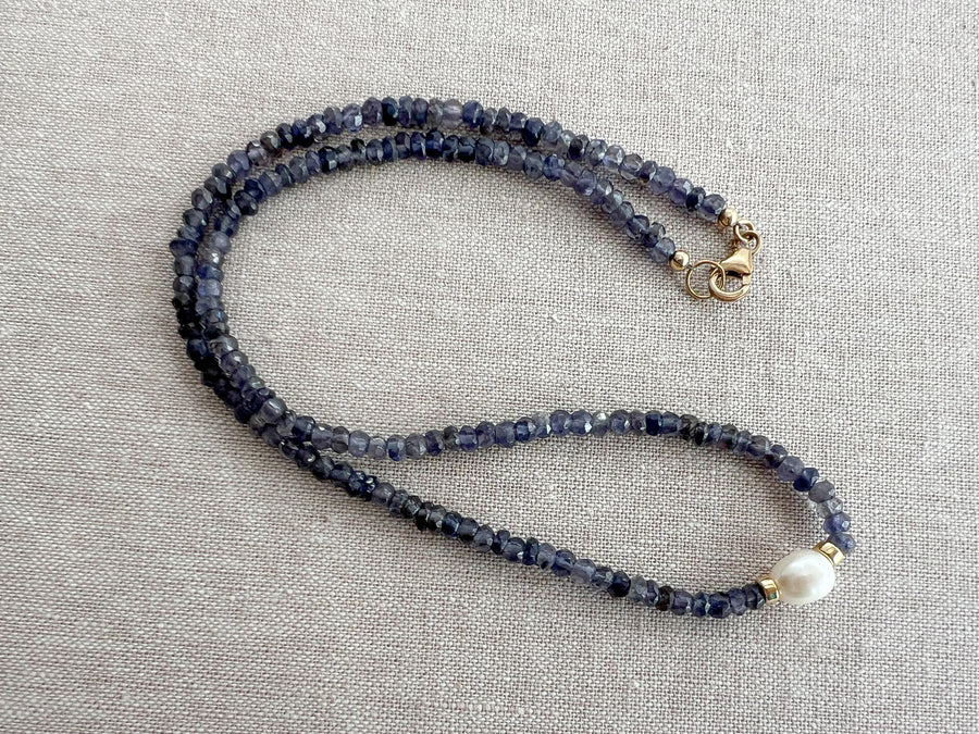 Iolite Necklace with Rice Pearl Accent, Gemstone Necklace, Gift for Her, Boho Necklace, Freshwater Rice Pearl, Mom Gift, Handmade to Order