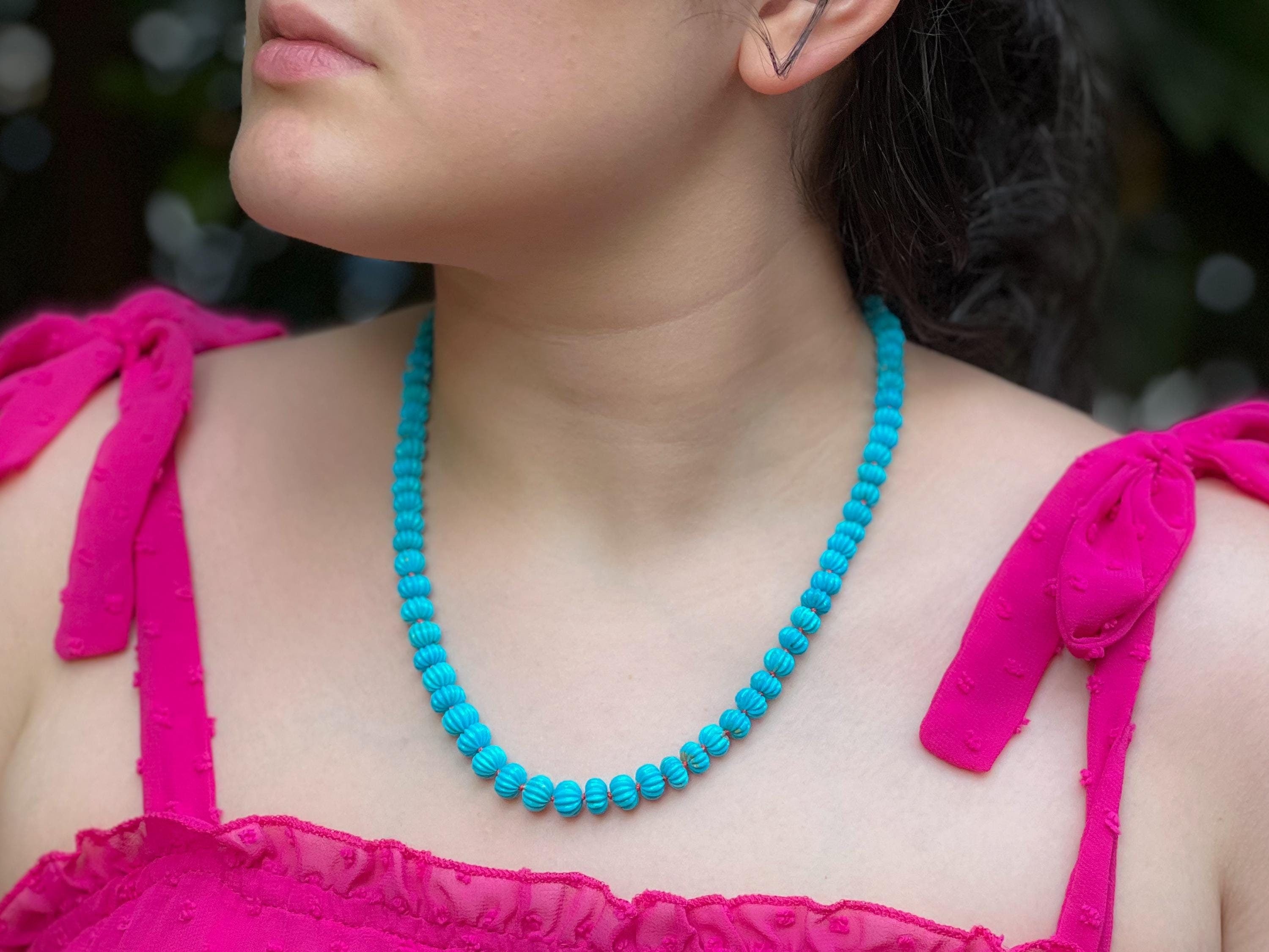 Sleeping Beauty Turquoise necklace, Carved Turquoise beads