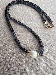 Iolite Necklace with Rice Pearl Accent, Gemstone Necklace, Gift for Her, Boho Necklace, Freshwater Rice Pearl, Mom Gift, Handmade to Order