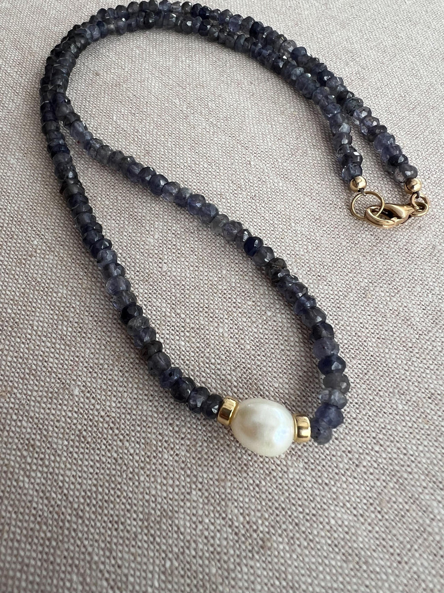 Iolite Necklace with Rice Pearl Accent, Gemstone Necklace, Gift for Her, Boho Necklace, Freshwater Rice Pearl, Mom Gift, Handmade to Order