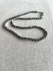 Men's Hematite Cube Necklace: Oxidized Sterling Silver Clasp