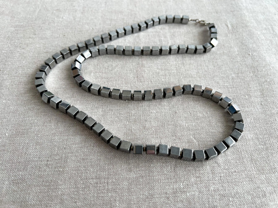 Men's Hematite Cube Necklace: Oxidized Sterling Silver Clasp