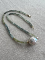 Aquamarine multi Necklace with Baroque PearlAccent