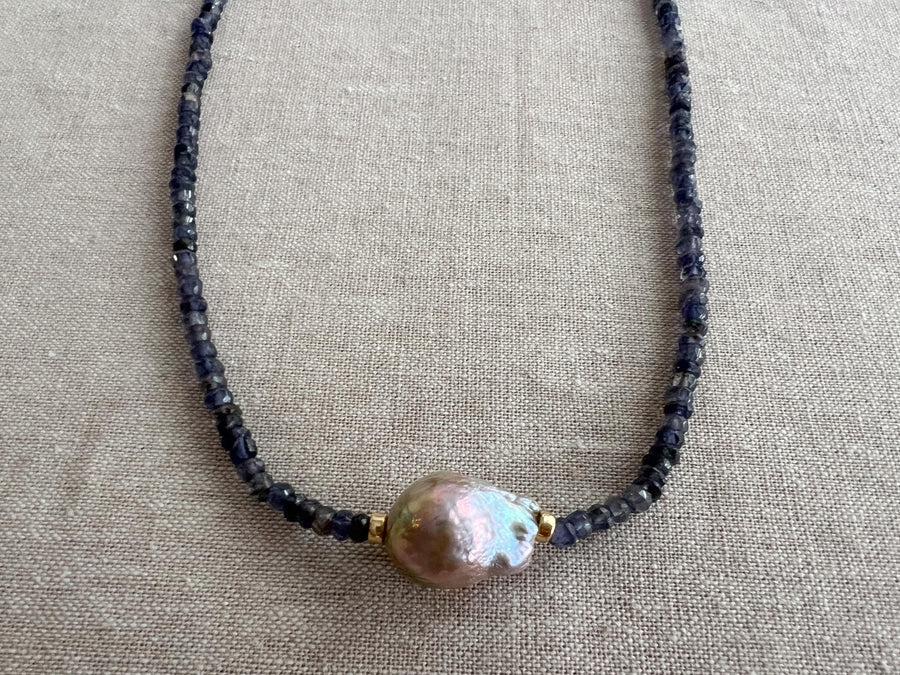 Iolite Necklace with Freshwater Baroque Pearl Accent, Gemstone Necklace, Gift for Her, Boho Necklace, Timeless Jewelry, Blue Gemstone