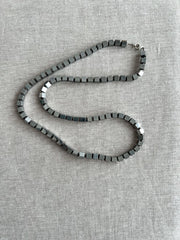Men's Hematite Cube Necklace: Oxidized Sterling Silver Clasp