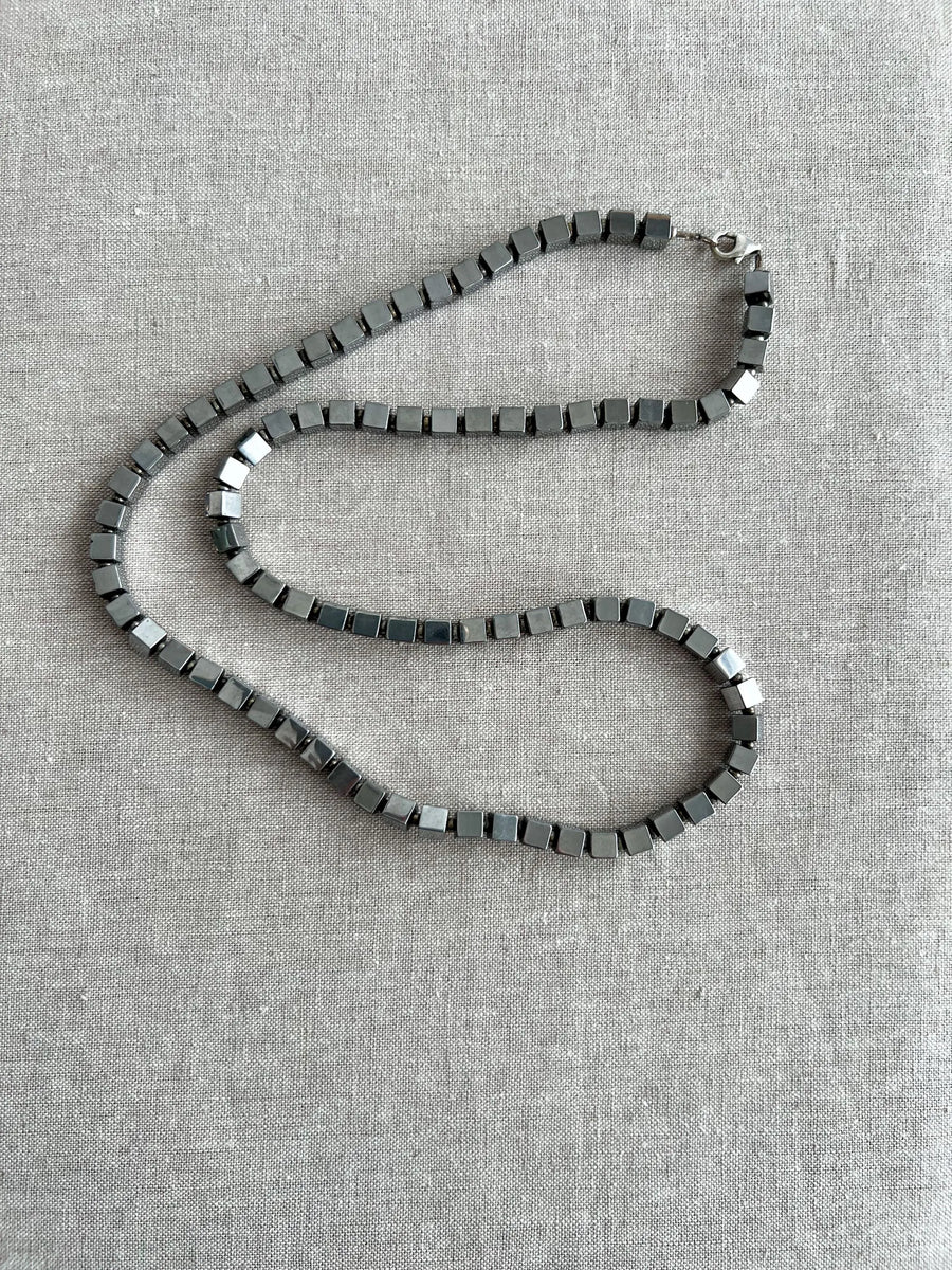Men's Hematite Cube Necklace: Oxidized Sterling Silver Clasp