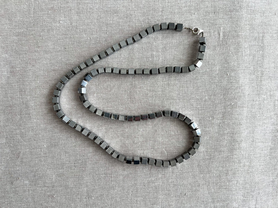 Men's Hematite Cube Necklace: Oxidized Sterling Silver Clasp