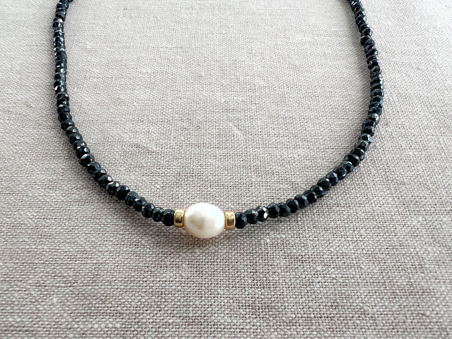 Black Spinel Necklace: Freshwater Pearl Accent, 14k Gold Filled