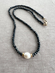 Black Spinel Necklace: Freshwater Pearl Accent, 14k Gold Filled