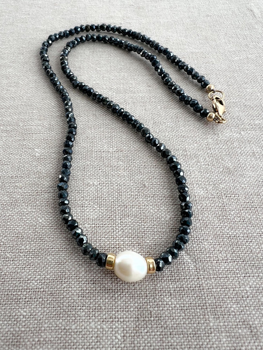 Black Spinel Necklace: Freshwater Pearl Accent, 14k Gold Filled