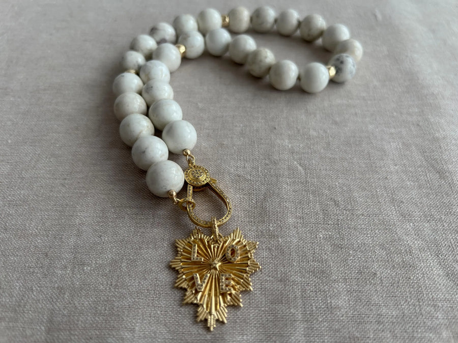 White Turquoise Necklace: 14k Gold Filled Heart Pendant, Boho Gemstone