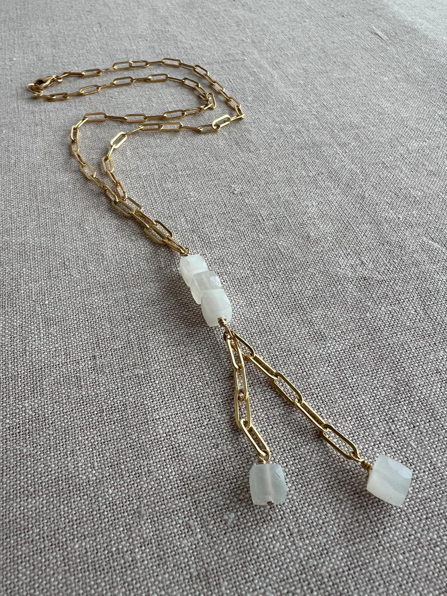Moonstone Lariat Necklace: 14k Gold Filled Chain, June Birthstone