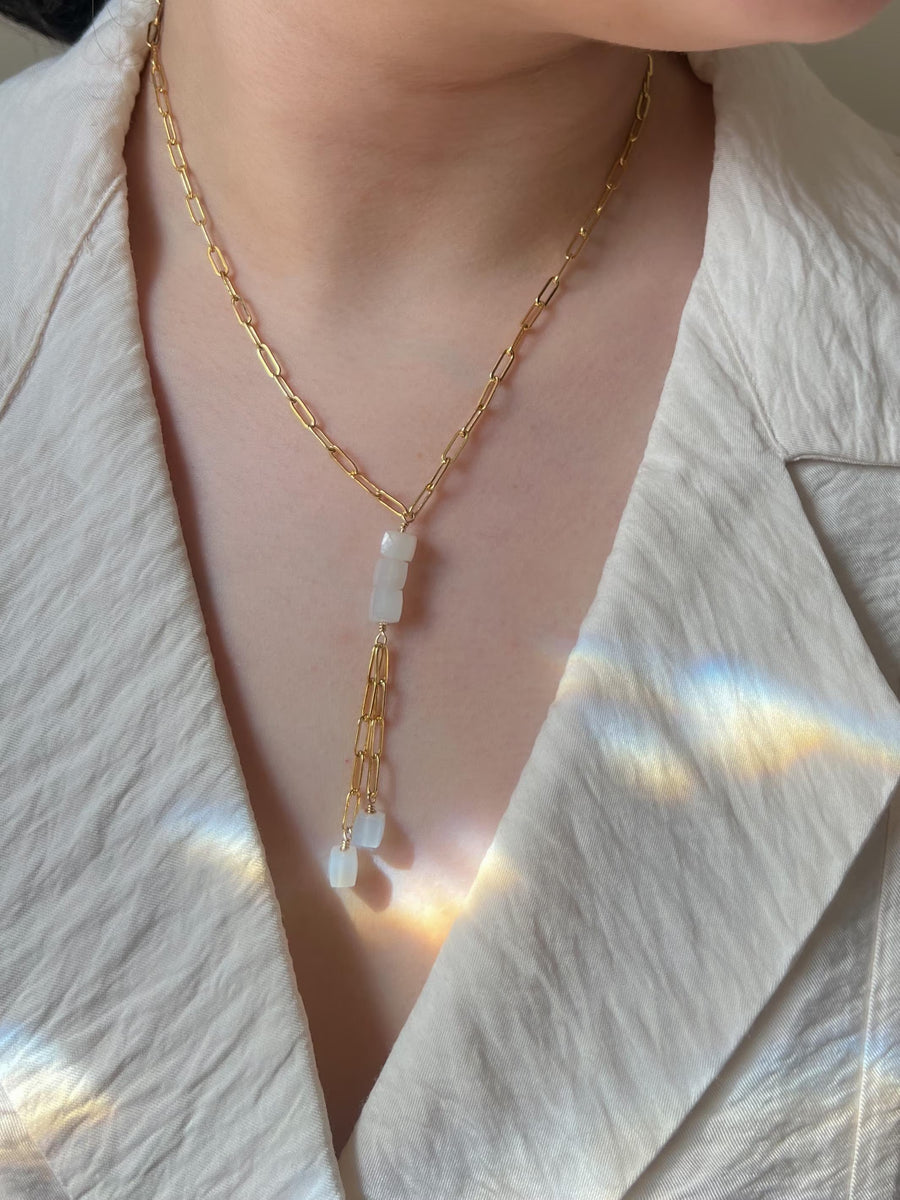 Moonstone Lariat Necklace: 14k Gold Filled Chain, June Birthstone