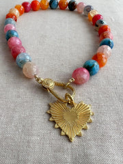 Agate Multi Color Necklace: Gold Starburst Heart Pendant, Statement Boho Jewelry
