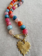 Agate Multi Color Necklace: Gold Starburst Heart Pendant, Statement Boho Jewelry