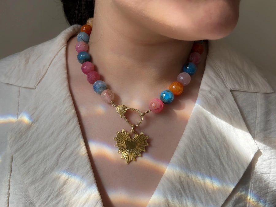 Agate Multi Color Necklace: Gold Starburst Heart Pendant, Statement Boho Jewelry