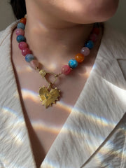 Agate Multi Color Necklace: Gold Starburst Heart Pendant, Statement Boho Jewelry