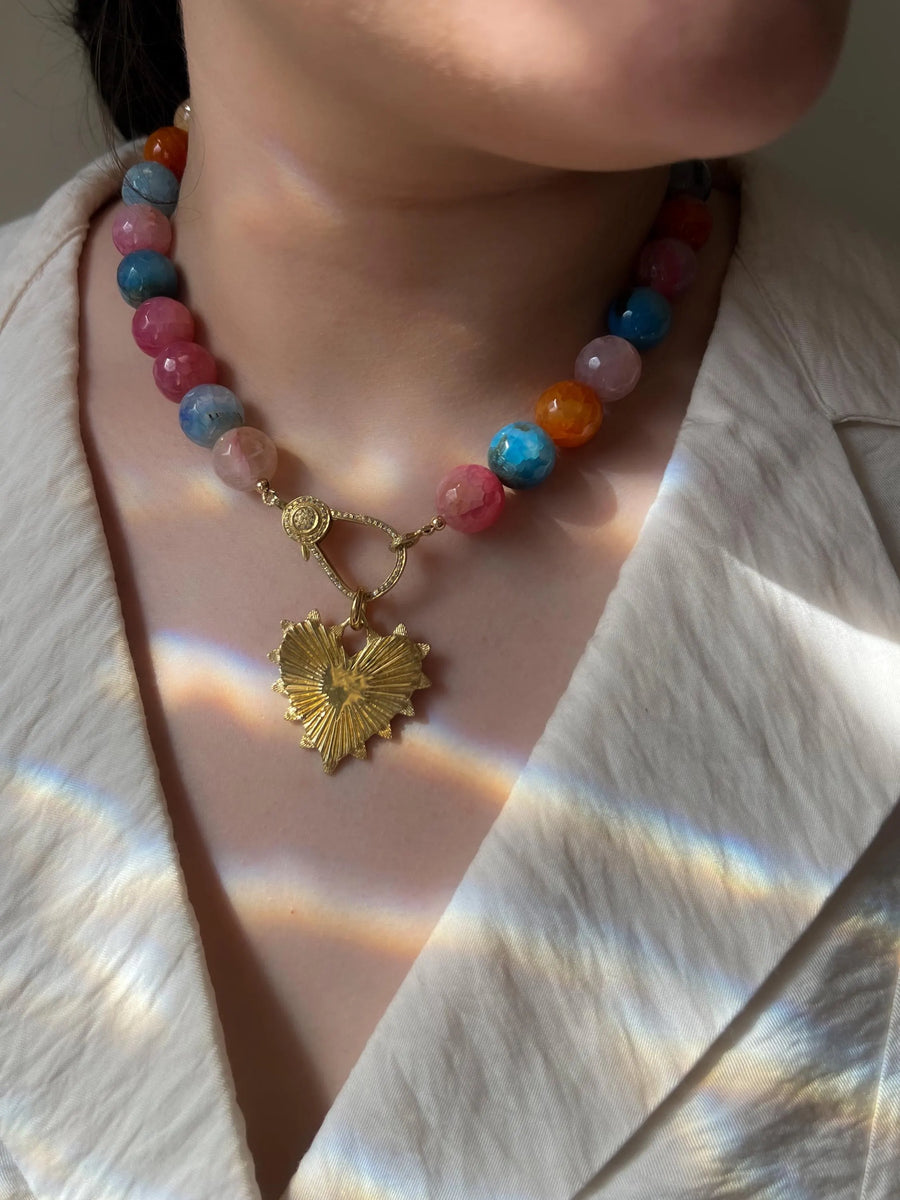 Agate Multi Color Necklace: Gold Starburst Heart Pendant, Statement Boho Jewelry