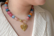 Agate Multi Color Necklace: Gold Starburst Heart Pendant, Statement Boho Jewelry