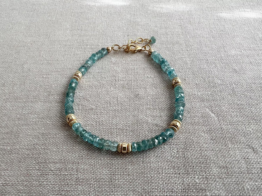 Blue Zircon Bracelet: Handmade Gemstone Bracelet with 14k Gold Accents