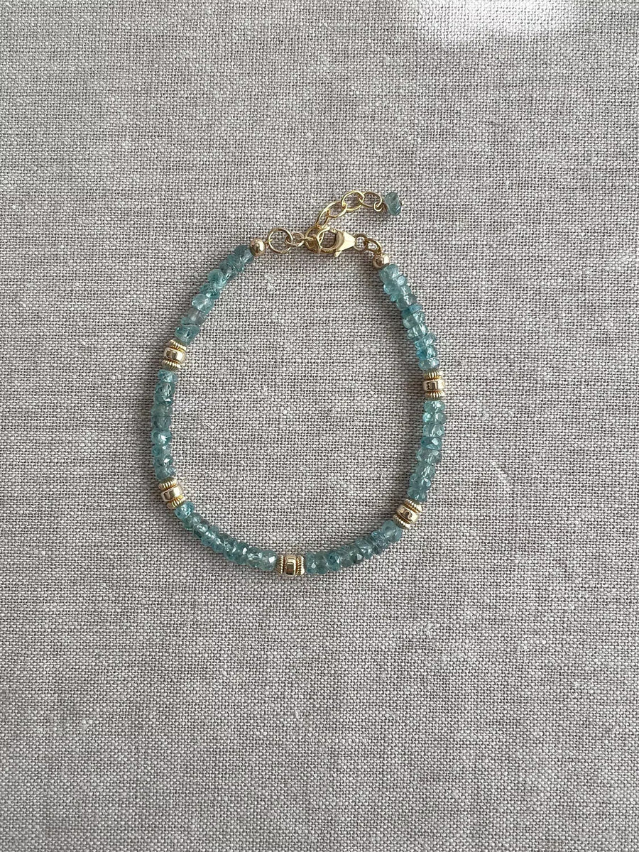 Blue Zircon Bracelet: Handmade Gemstone Bracelet with 14k Gold Accents