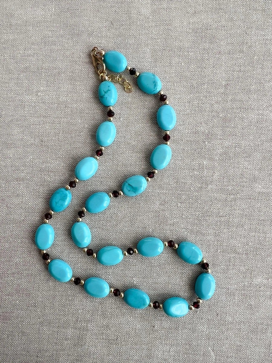 Turquoise & Garnet Necklace: 14k Gold Filled Accents, Gemstone Layering Necklace