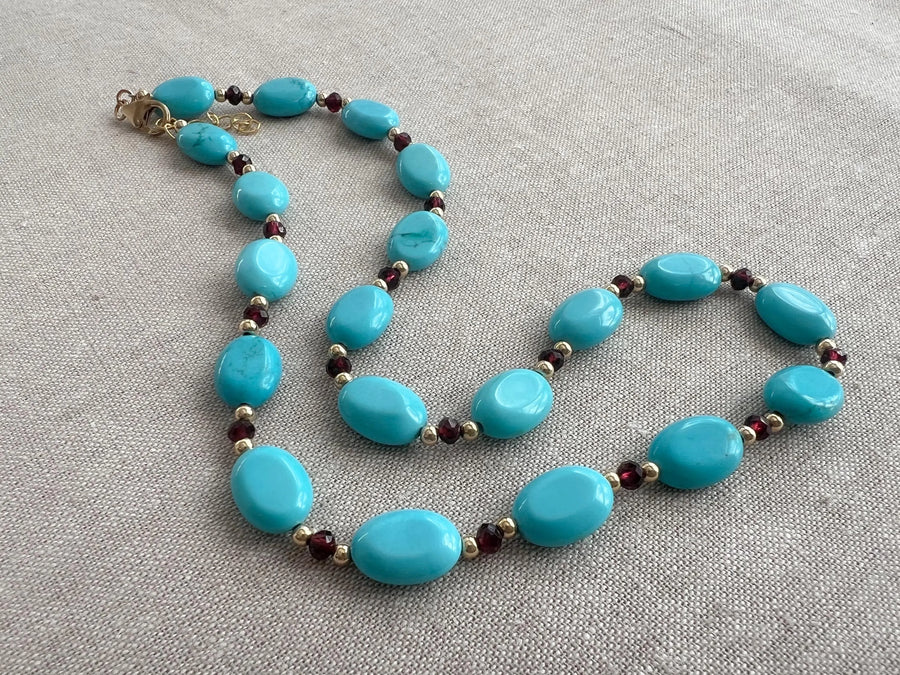 Turquoise & Garnet Necklace: 14k Gold Filled Accents, Gemstone Layering Necklace