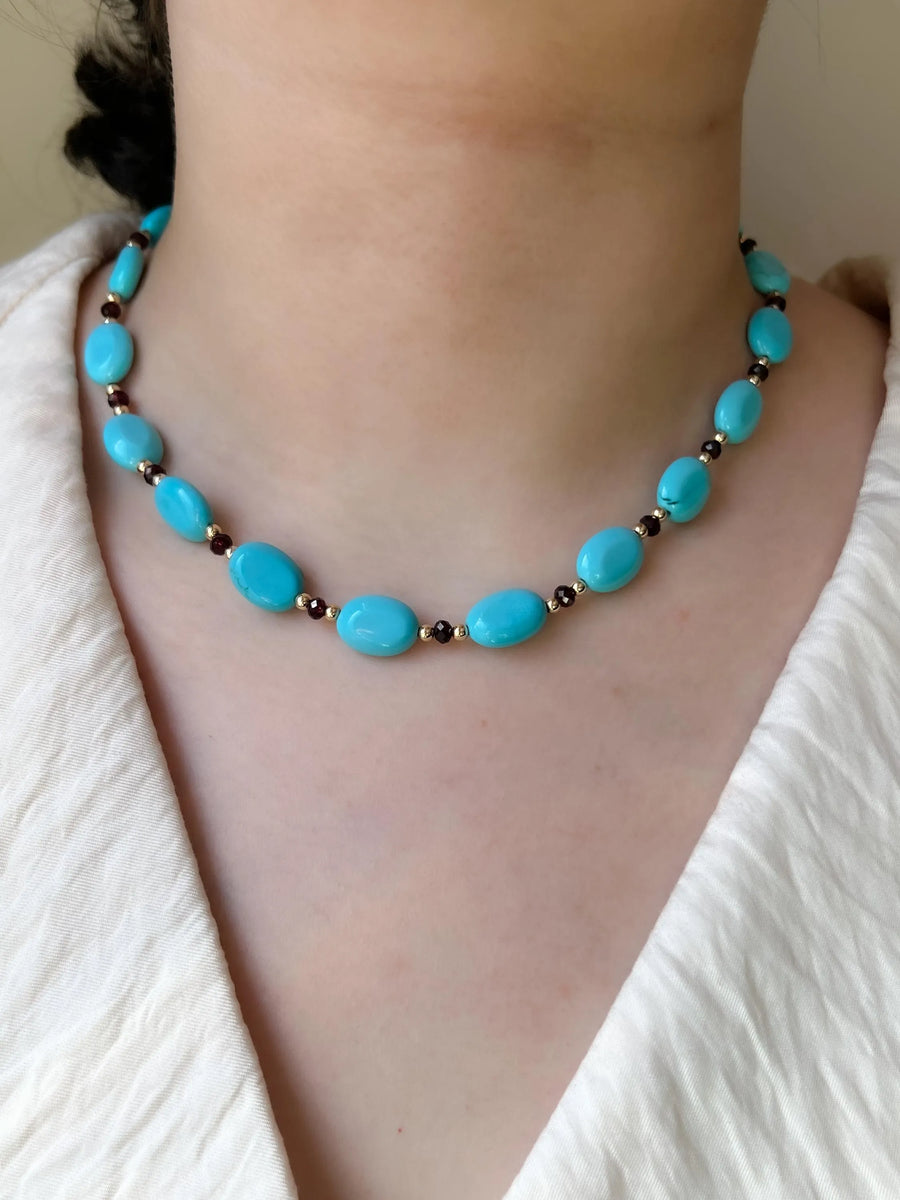 Turquoise & Garnet Necklace: 14k Gold Filled Accents, Gemstone Layering Necklace