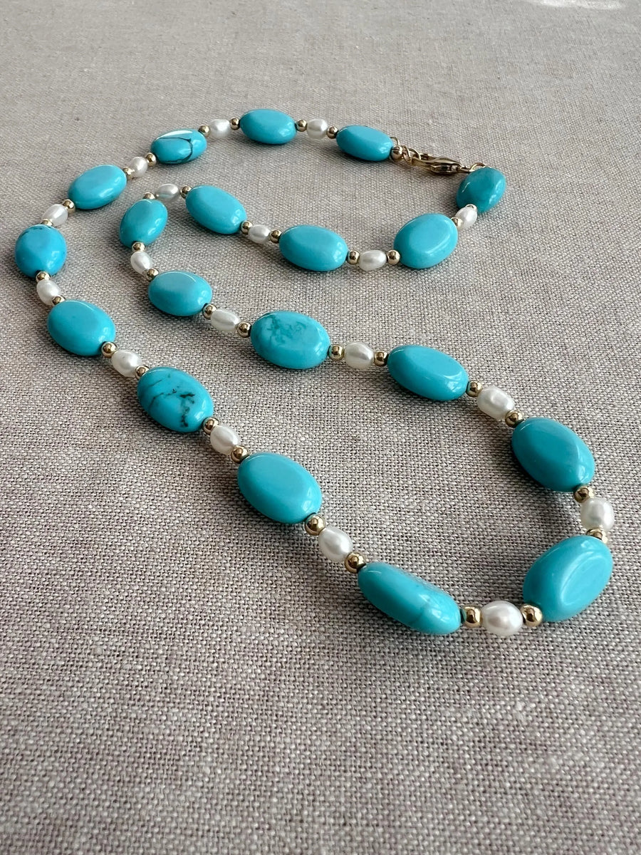 Turquoise Necklace: Freshwater Pearl Accents, 14k Gold Filled clasp