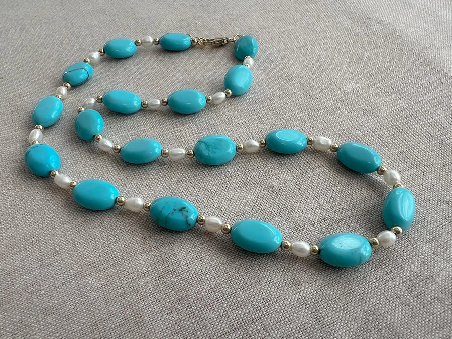 Turquoise Necklace: Freshwater Pearl Accents, 14k Gold Filled clasp