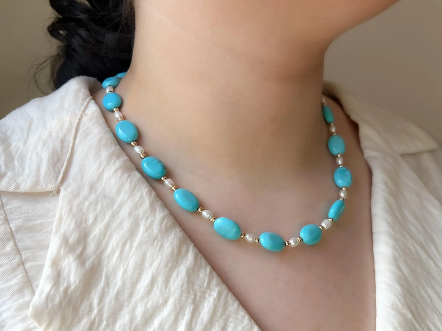 Turquoise Necklace: Freshwater Pearl Accents, 14k Gold Filled clasp