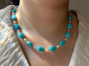 Turquoise Necklace: Freshwater Pearl Accents, 14k Gold Filled clasp