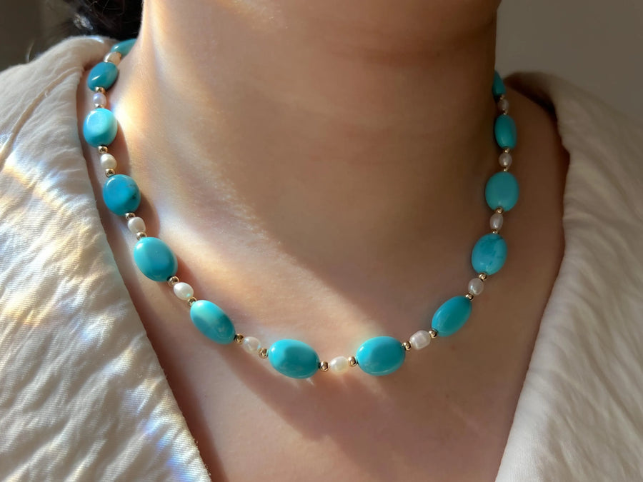 Turquoise Necklace: Freshwater Pearl Accents, 14k Gold Filled clasp