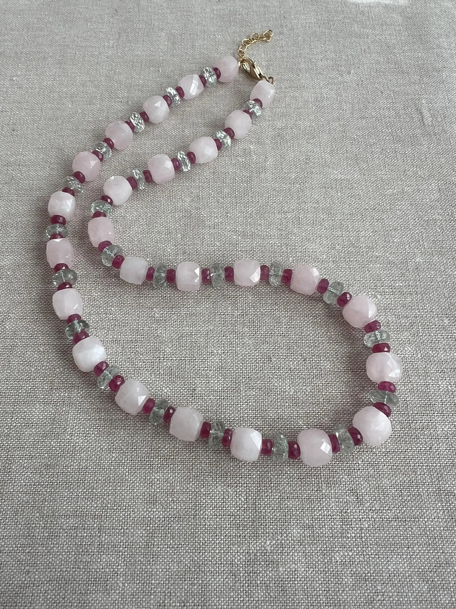 Rose Quartz Necklace: Prasiolite & Ruby Gemstone Boho Jewelry