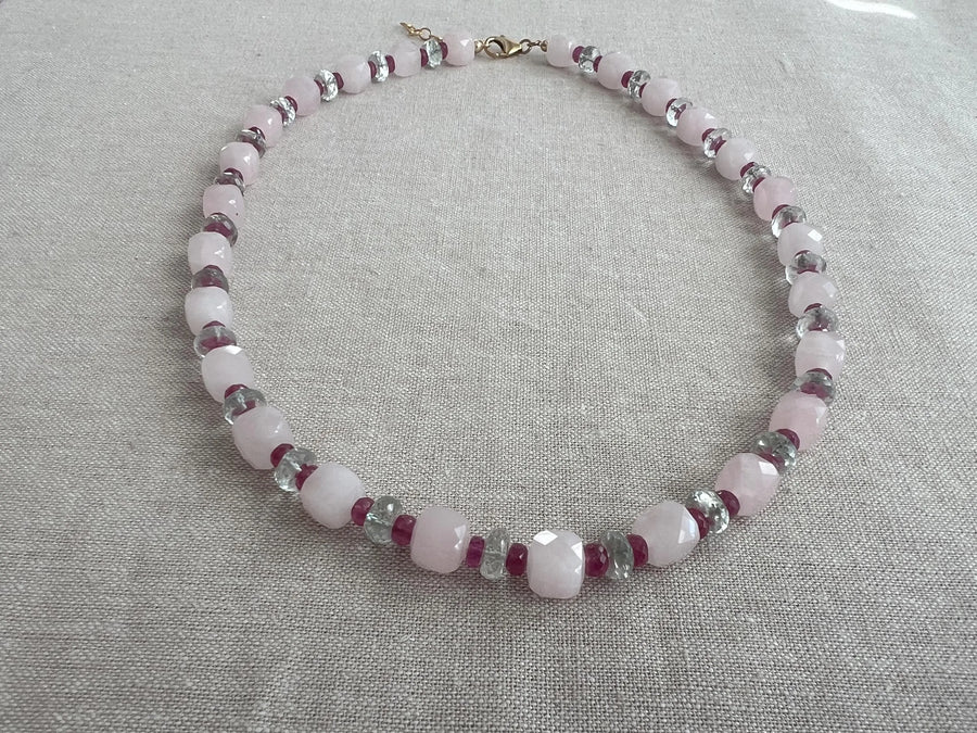 Rose Quartz Necklace: Prasiolite & Ruby Gemstone Boho Jewelry