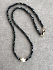 Black Spinel Necklace: Freshwater Pearl Accent, 14k Gold Filled