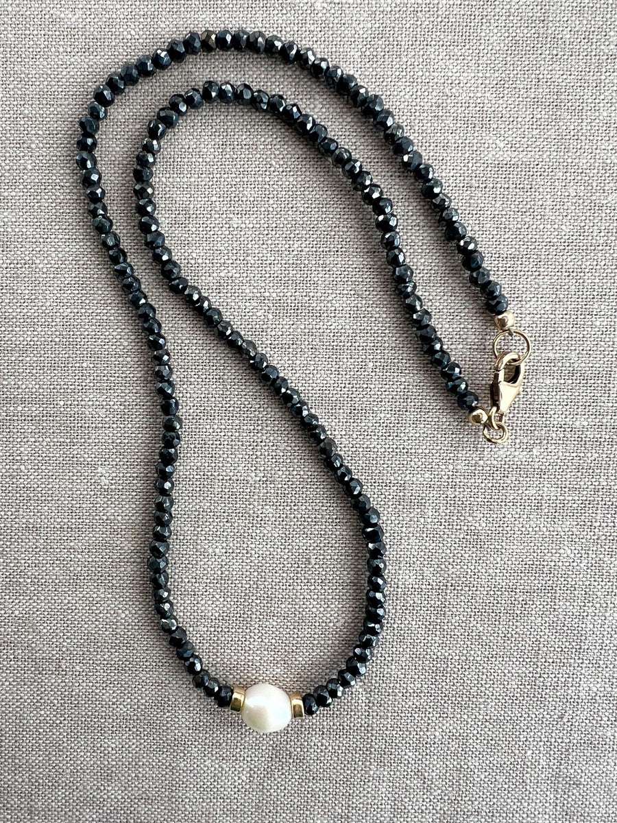 Black Spinel Necklace: Freshwater Pearl Accent, 14k Gold Filled