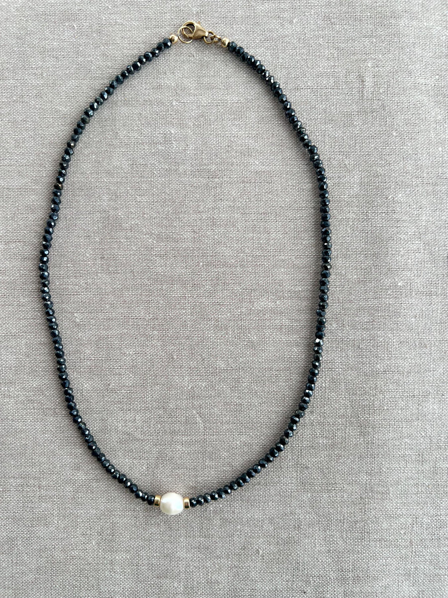 Black Spinel Necklace: Freshwater Pearl Accent, 14k Gold Filled