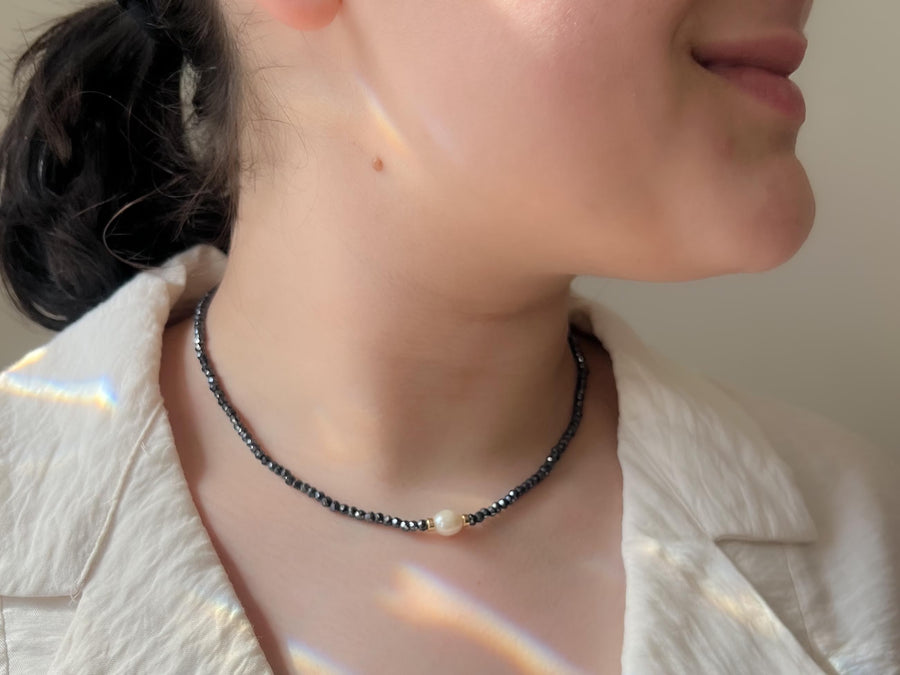 Black Spinel Necklace: Freshwater Pearl Accent, 14k Gold Filled