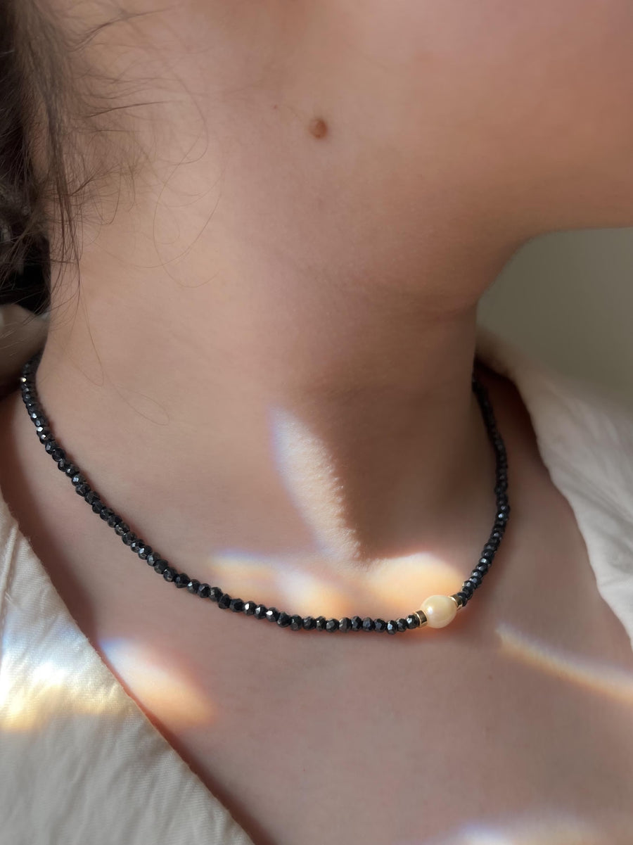 Black Spinel Necklace: Freshwater Pearl Accent, 14k Gold Filled