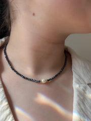 Black Spinel Necklace: Freshwater Pearl Accent, 14k Gold Filled